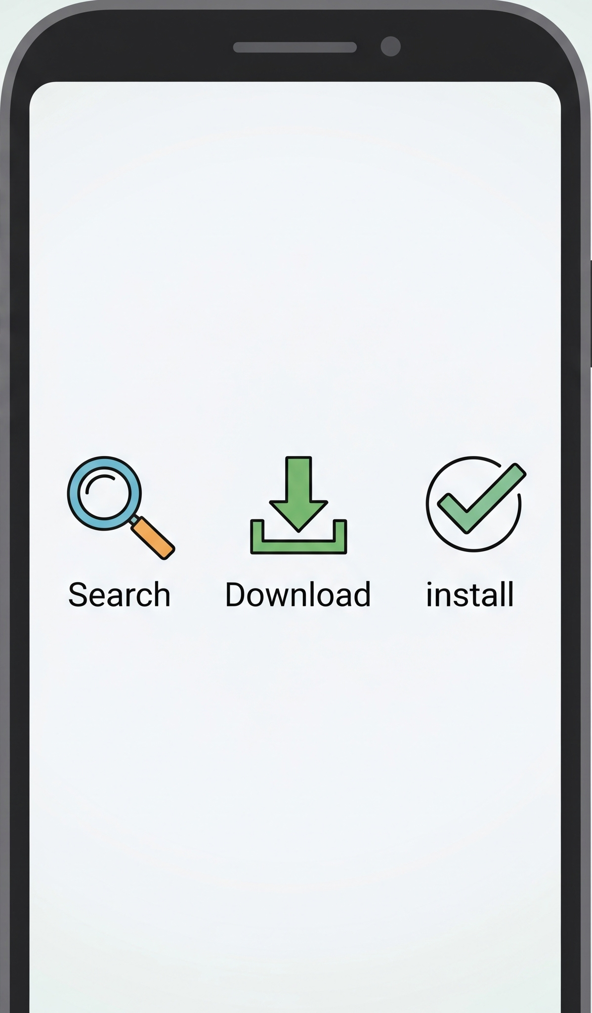 APK downloads: An illustration of a smartphone screen showing three icons in a sequence: a magnifying glass for 'search,' a downward arrow for 'download,' and a checkmark for 'install.'